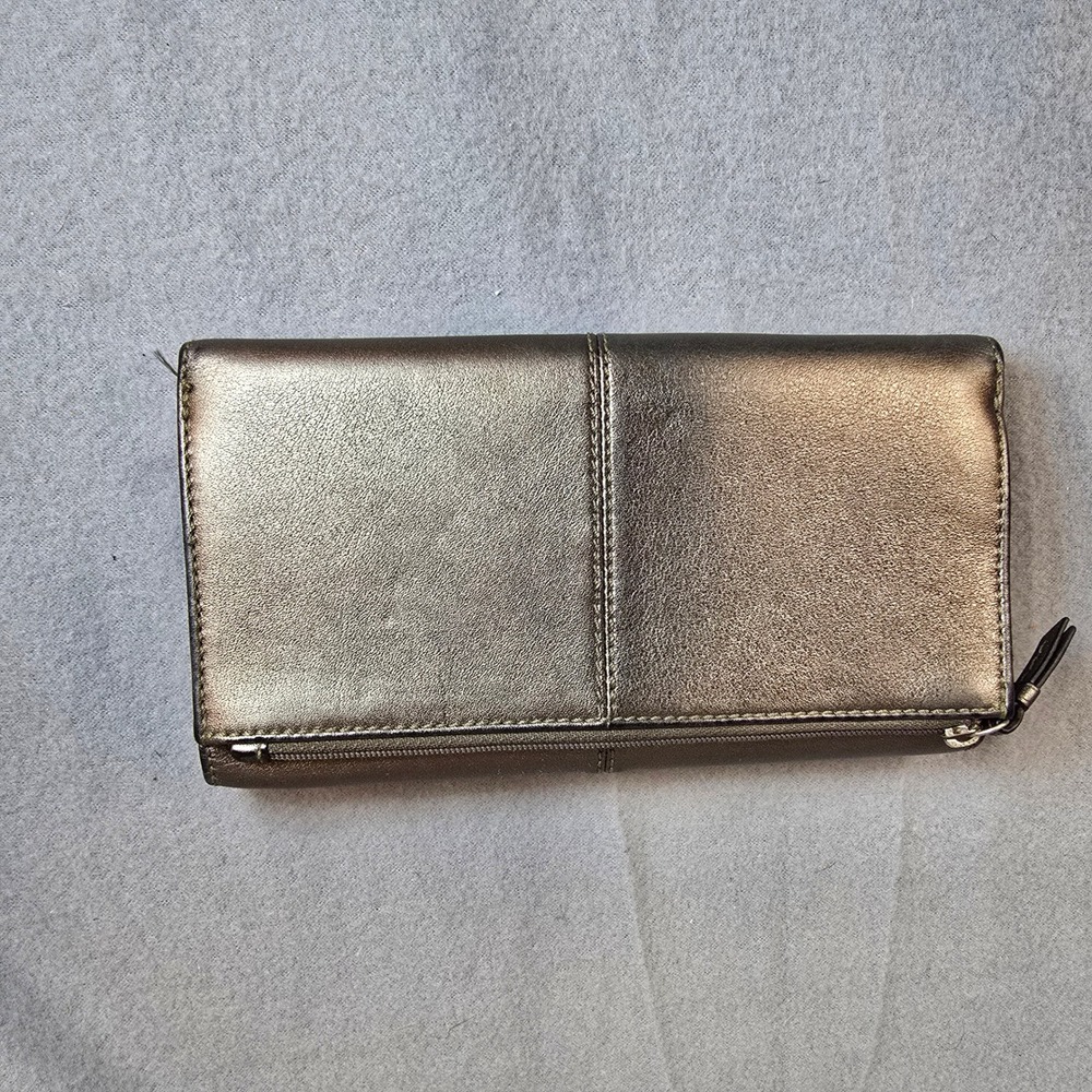 Coach Metallic Bronze Leather Pleated Trifold Wallet Snap Closure 12 Card Slots - Picture 3 of 8